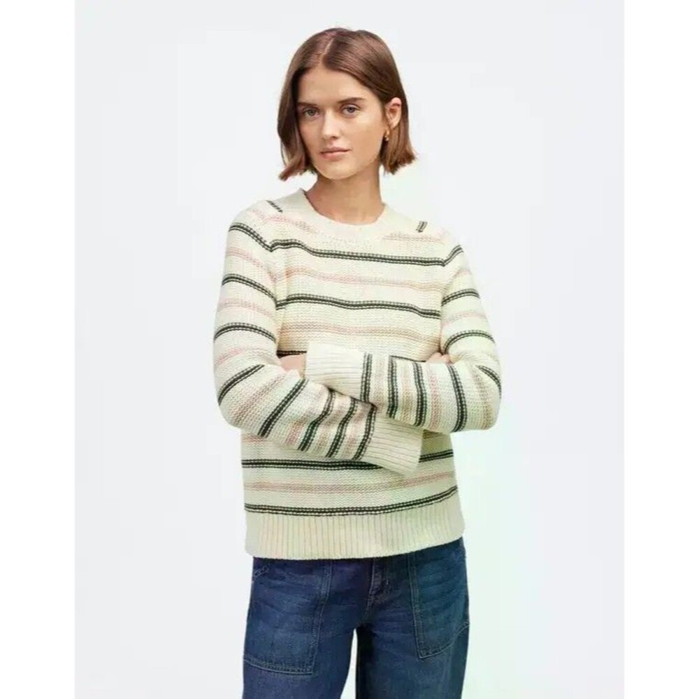 MADEWELL Cotton Crew Neck Sweater In Stripe Heavy Weight Fall Split Sleeve Sz M